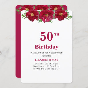 Floral 50th, 60th Birthday on Burgundy & White Invitation