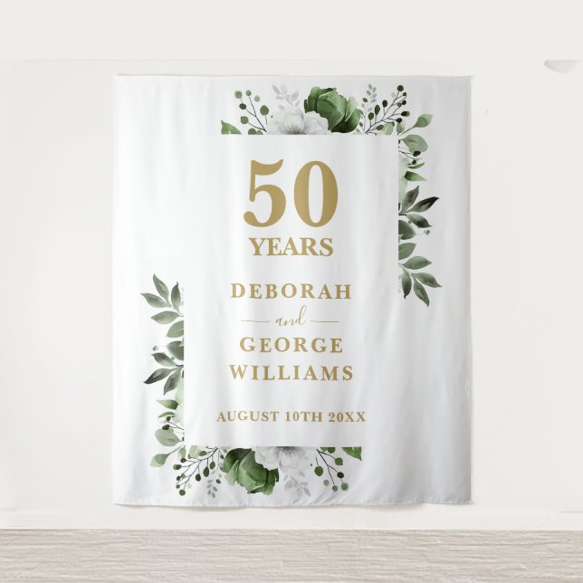 Floral 50th Anniversary Photo Booth Backdrop Tapestry (Front)
