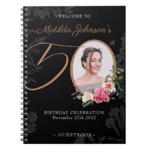 Floral 50th Birthday Black Gold Photo Guestbook  Notebook