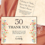 Floral 50th birthday elegant 50 years wildflowers thank you card<br><div class="desc">Floral 50th birthday elegant 50 years wildflowers Thank You Card. Show your appreciation with this beautifully designed thank you card, perfect for a 50th birthday celebration. Featuring a soft beige background, a vibrant wildflower border, and elegant customisable text, this card is an ideal way to express gratitude to guests for...</div>