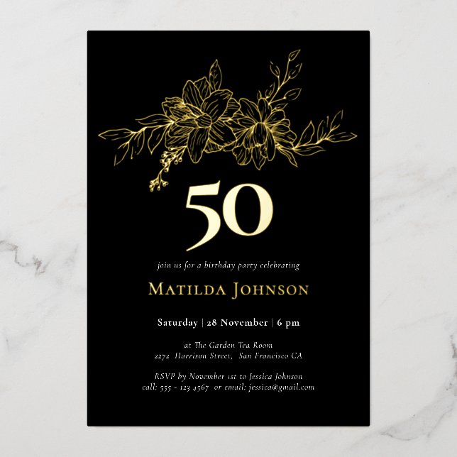 Floral 50th Birthday Gold Foil Invitation (Front)