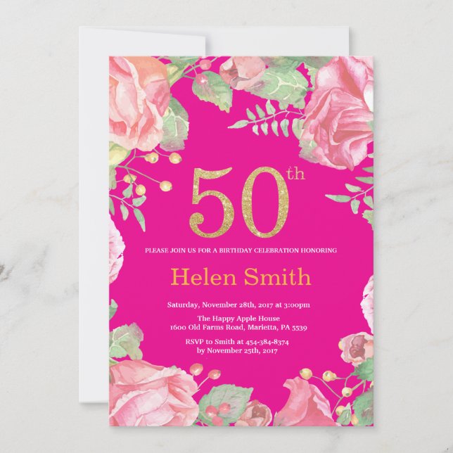 Floral 50th Birthday Gold Glitter and Hot Pink Invitation (Front)