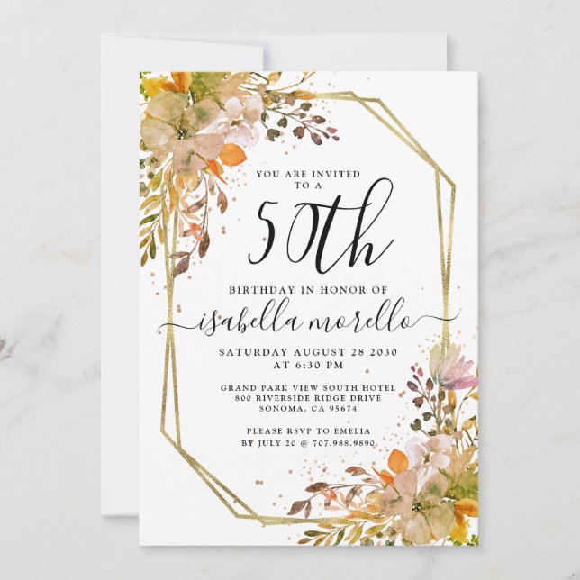 Floral 50th Birthday Gold Invitation (Front)
