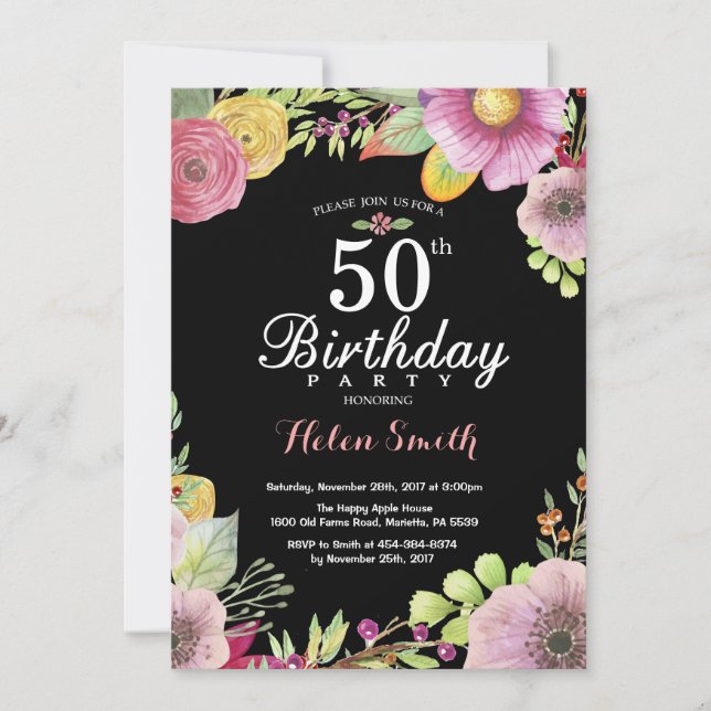 Floral 50th Birthday Invitation for Women (Front)