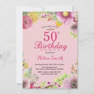 Floral 50th Birthday Invitation for Women Pink