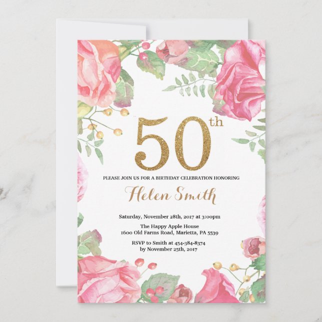 Floral 50th Birthday Invitation Gold Glitter (Front)