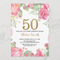 Floral 50th Birthday Invitation Gold Glitter