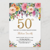 Floral 50th Birthday Invitation Gold Glitter