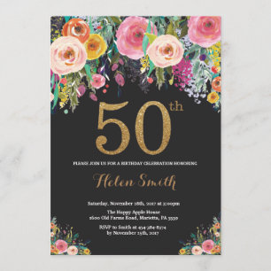 Floral 50th Birthday Invitation Gold Glitter