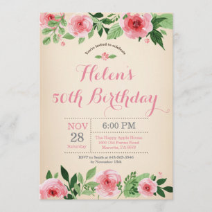 Floral 50th Birthday Invitation Pink Watercolor