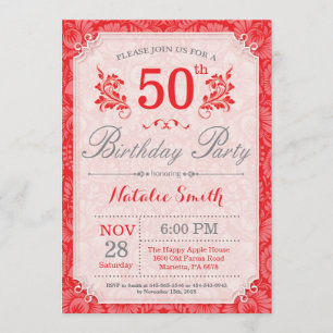 Floral 50th Birthday Invitation Red for Women