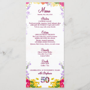 Floral 50th Birthday Menu Card elegant 50 years