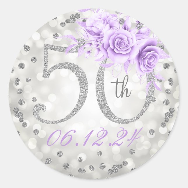 Floral 50th Birthday Party Lights Silver Purple  Classic Round Sticker (Front)