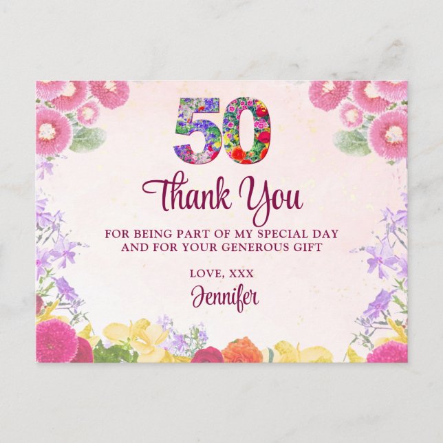 Floral 50th Birthday Party / Pastel 50 Thank You Postcard (Front)