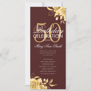 Floral 50th Birthday Program Gold & Burgundy Menu Invitation