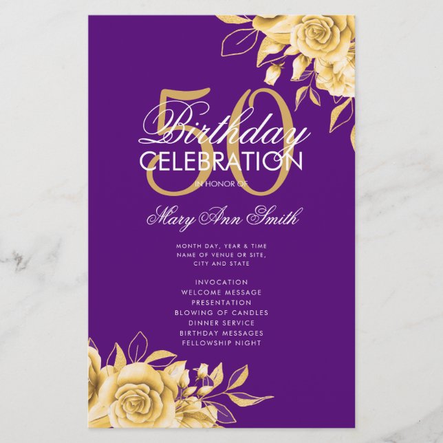 Floral 50th Birthday Program Gold & Purple w/ Menu (Front)