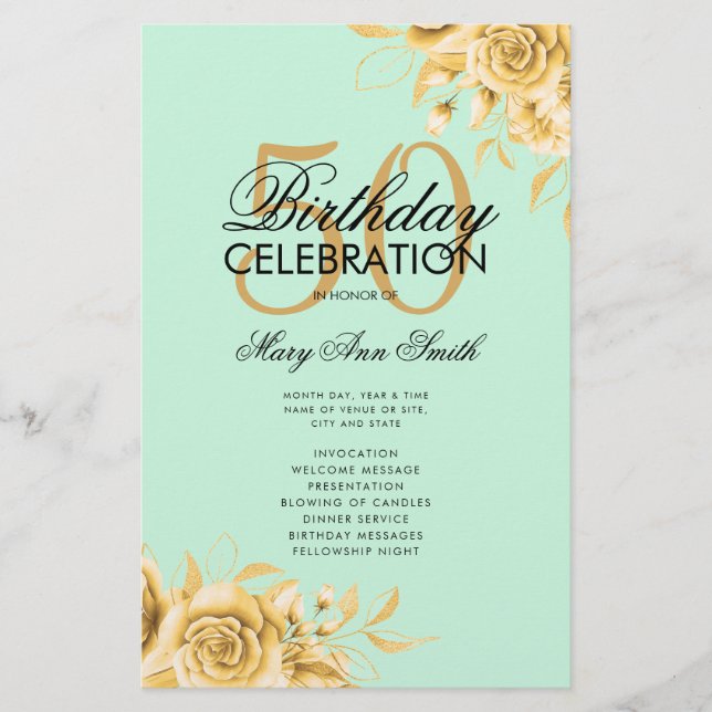 Floral 50th Birthday Program Gold w/ Menu Mint  (Front)