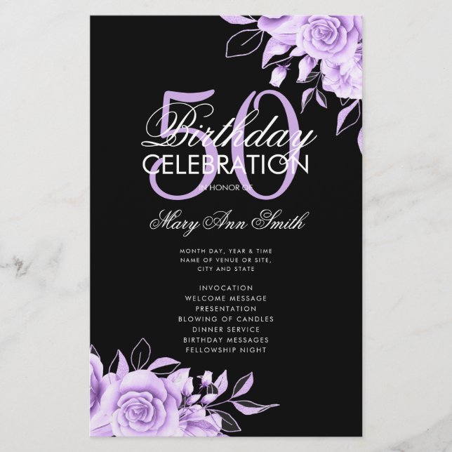 Floral 50th Birthday Program Purple Black w/ Menu (Front)