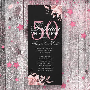 Floral 50th Birthday Program Rose Gold Black Menu Invitation