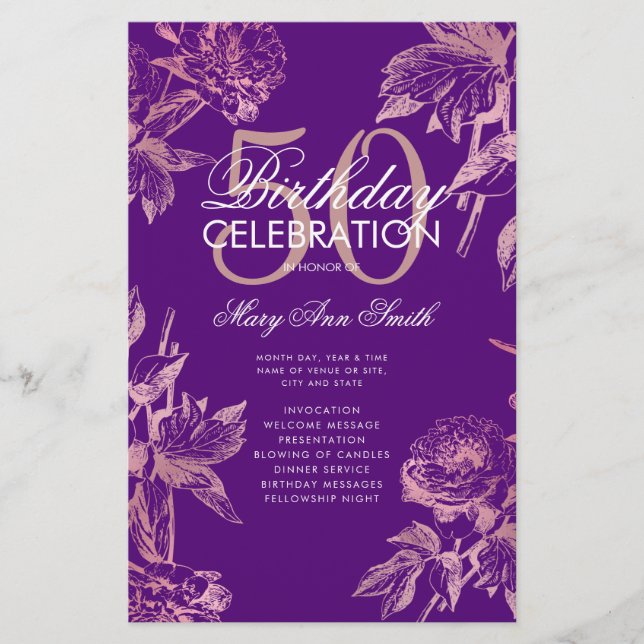 Floral 50th Birthday Program Rose Gold Purple Menu (Front)