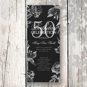 Floral 50th Birthday Program Silver Black Menu Invitation