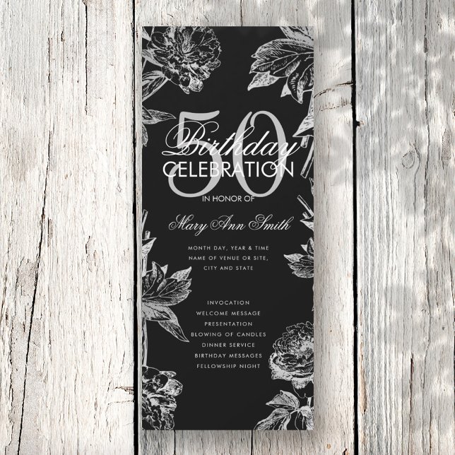 Floral 50th Birthday Program Silver Black Menu Invitation (Creator Uploaded)