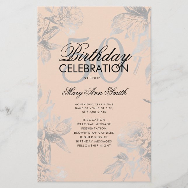 Floral 50th Birthday Program Silver Blush Menu (Front)