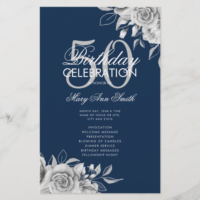 Floral 50th Birthday Program Silver Navy w/ Menu (Front)