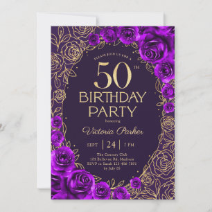 Floral 50th Birthday Purple Gold Invitation