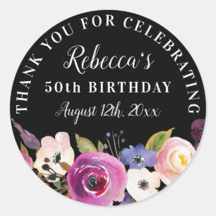 Floral 50th Birthday Thank You Classic Round Sticker