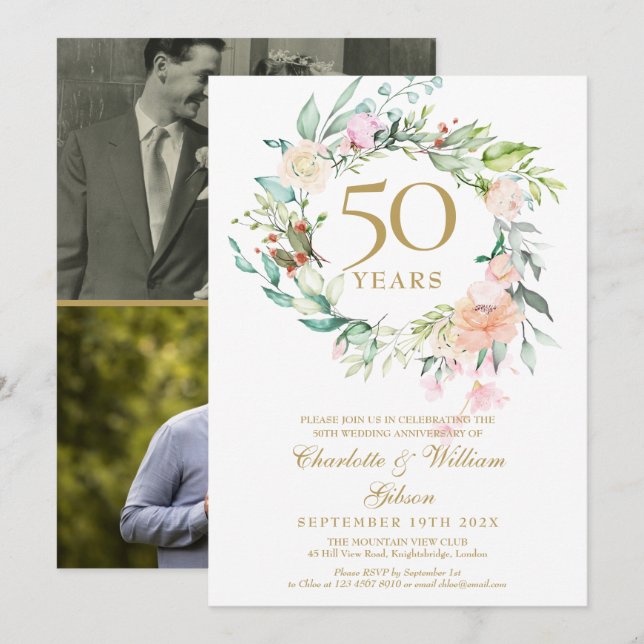 Floral 50th Golden Wedding Anniversary 2 Photo Invitation (Front/Back)