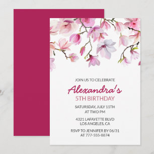 Floral 5th birthday invitation Watercolor Pink