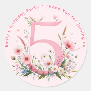 Floral 5th Birthday Thank You Favour Five Custom Classic Round Sticker