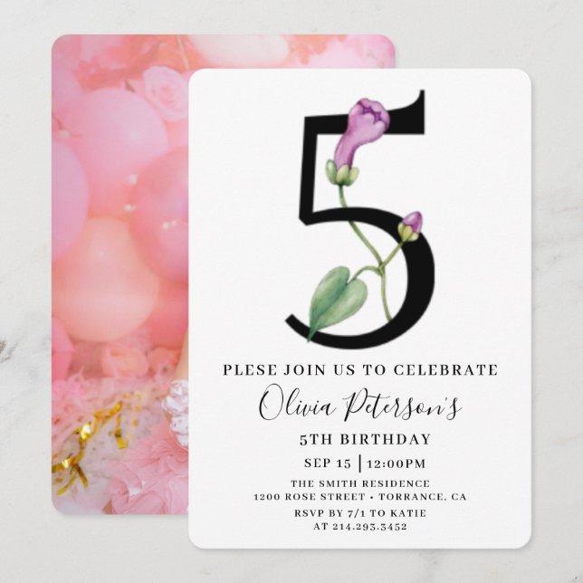 Floral 5th Birthday With Custom Photo Invitation  (Front/Back)