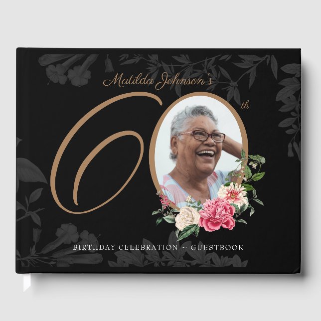 Floral 60th Birthday Black Gold Elegant Photo Guest Book (Front)