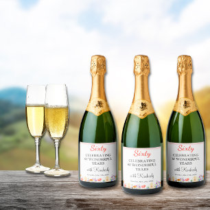 Floral 60th birthday bottle 60 years party sparkling wine label