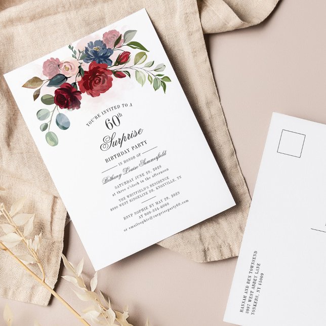 Floral 60th Birthday Burgundy Surprise Party Invitation Postcard (Creator Uploaded)