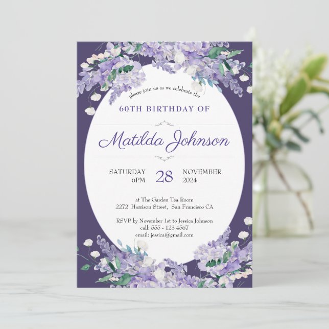 Floral 60th Birthday Dark Purple Wisteria Elegant Invitation (Standing Front)