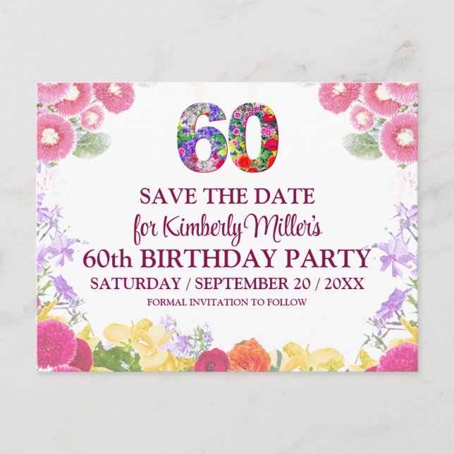 Floral 60th Birthday - Elegant 60 Save The Date Postcard (Front)