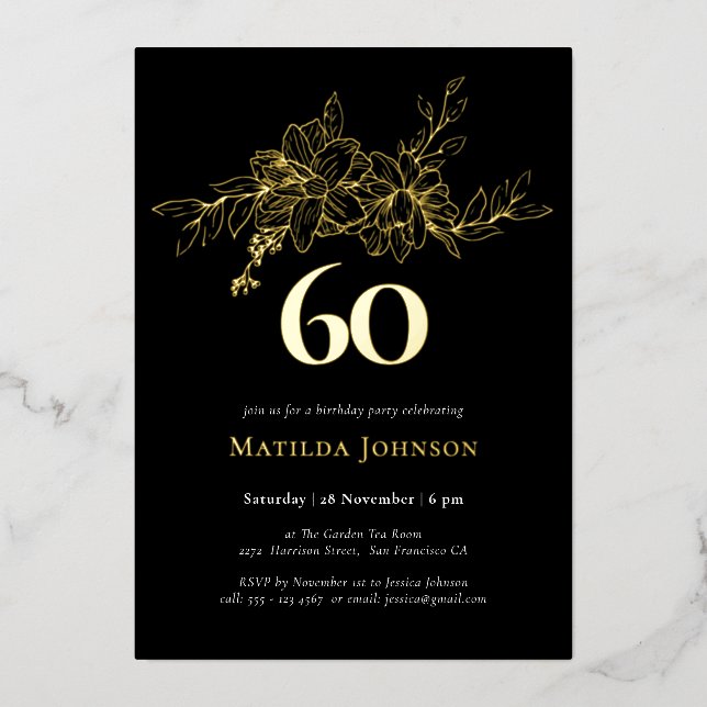 Floral 60th Birthday Gold Foil Invitation (Front)