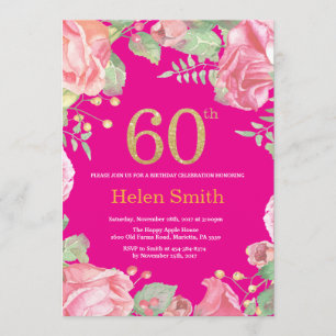 Floral 60th Birthday Gold Glitter and Hot Pink Invitation