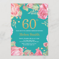 Floral 60th Birthday Gold Glitter and Teal