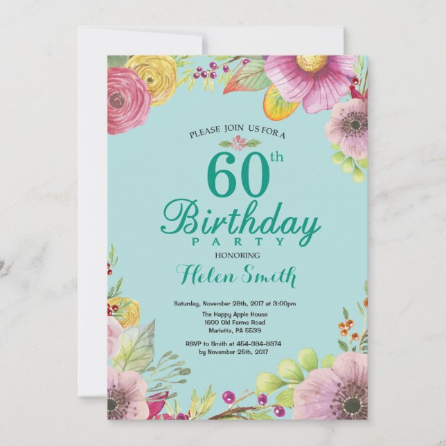 Floral 60th Birthday Invitation for Women Teal (Front)
