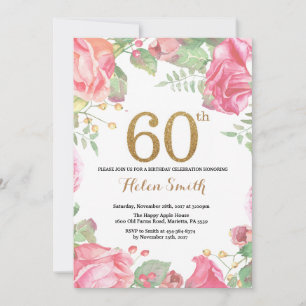Floral 60th Birthday Invitation Gold Glitter