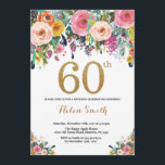 Floral 60th Birthday Invitation Gold Glitter<br><div class="desc">Floral 60th Birthday Invitation for Women. Watercolor Floral Flower. Gold Glitter. Pink,  Yellow,  Orange,  Purple Flower. Adult Birthday. For further customisation,  please click the "Customise it" button and use our design tool to modify this template.</div>