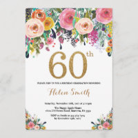 Floral 60th Birthday Invitation Gold Glitter