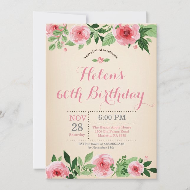 Floral 60th Birthday Invitation Pink Watercolor (Front)
