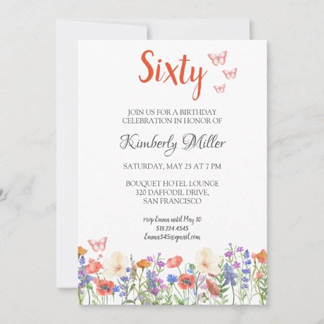 Floral 60th birthday invite 60 years simple flower (Front)