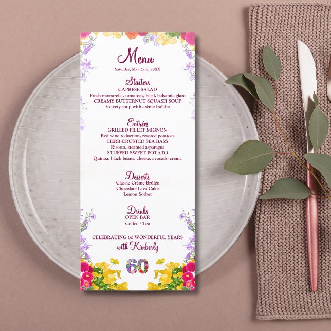 Floral 60th Birthday Menu Card elegant 60 years (Creator Uploaded)