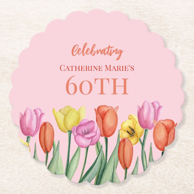 Floral 60th Birthday  Paper Coaster (Front)